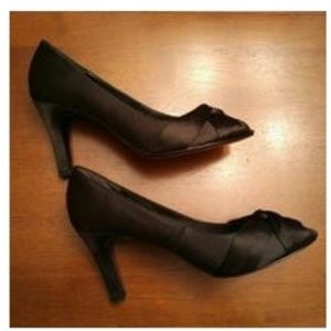 Black Satin Pumps, Peep Toe, Size 9